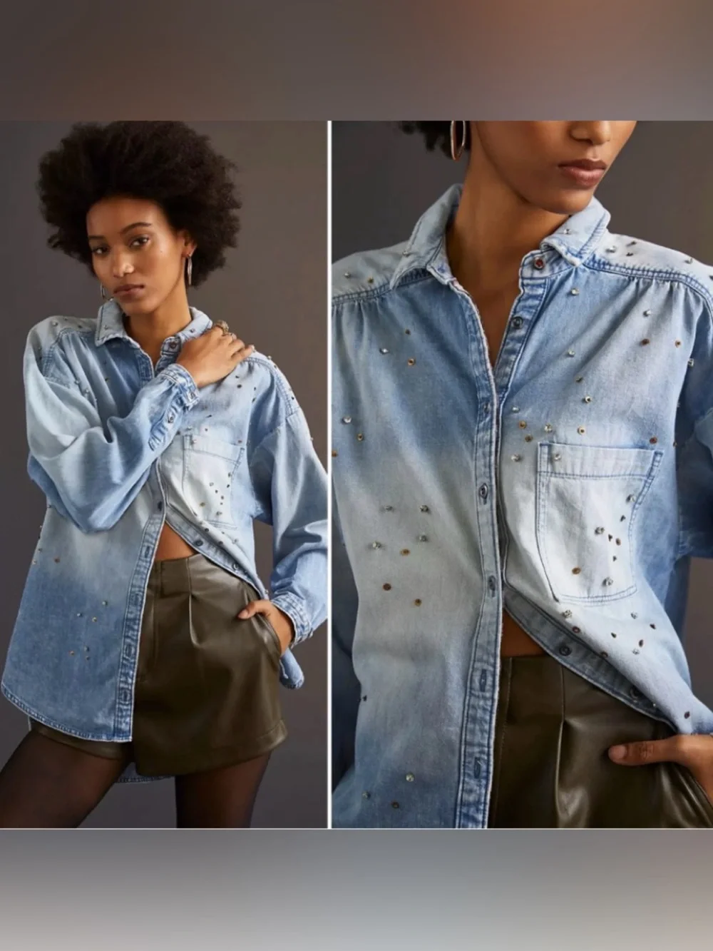 Anthropologie Pilcro Bo Boyfriend Buttondown Blue Denim Crystal Studded Shirt - Picture 7 of 7